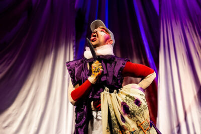 Een performer in theatrale kostuums zingt op een podium met kleurrijke verlichting en een zijden achtergrond.