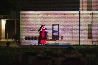 Een persoon in een rode jurk staat op een podium voor een muur, met een projectie op de achtergrond.