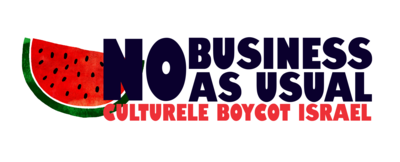 Logo met texten "No Business as Usual" en "Culturele Boycot Israel", met een watermeloenillustratie.