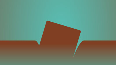 Abstracte afbeelding met een bruine rechthoek die schuin is geplaatst in een turquoise achtergrond, met een eenvoudige gestileerde vorm.