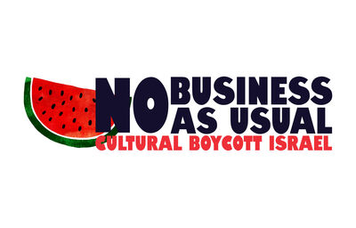 Logo met een watermeloenschijf en de tekst "No Business As Usual - Cultural Boycott Israel".
