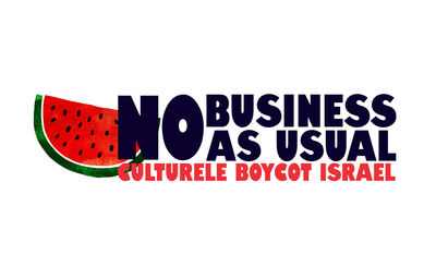 Logo van de campagne "No Business as Usual" met een Watermeloen en de tekst "Culturele Boycot Israël".