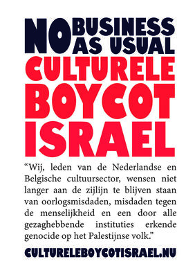 Pamflet met de tekst "No Business as Usual" en een oproep tot culturele boycot van Israël.