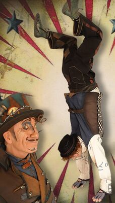 Een getekend plaatje van een circusdirecteur, die kijkt naar een acrobaat die een handstand doet.