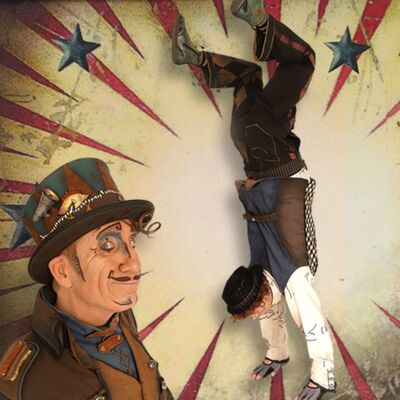 Een getekend plaatje van een circusdirecteur, die kijkt naar een acrobaat die een handstand doet.