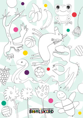 Illustratie van een kleurplaat met dieren en planten in verschillende posities, met enkele kleurige stippen verspreid.