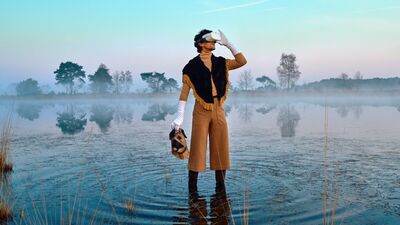 Een persoon met een VR-bril en een hondenmasker in de hand staat in het water van een mistig ven tijdens zonsopgang.