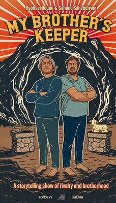 De poster toont een illustratie van twee blootsvoetse mannen die rug aan rug staan met de armen over elkaar. Links staat een altaar met tarwehalmen, rechts een altaar met een liggend lam.