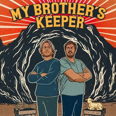 De poster toont een illustratie van twee blootsvoetse mannen die rug aan rug staan met de armen over elkaar. Links staat een altaar met tarwehalmen, rechts een altaar met een liggend lam.